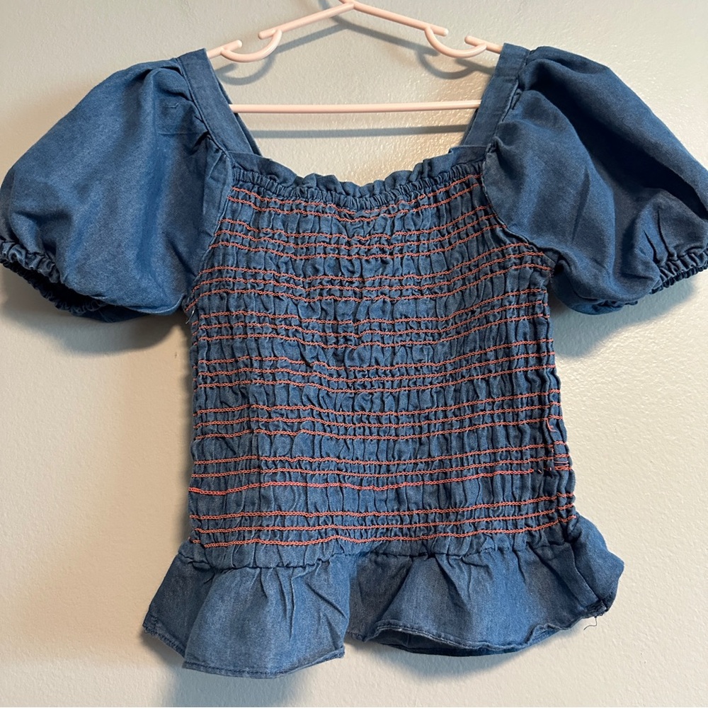 Vince Camuto Blue Smocked Puff Sleeve Girls Top Size 10 - Picture 4 of 6